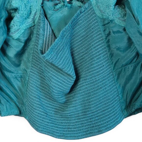 Free People Janelle V-Neck Lace Trim Corset-Style Blouse Teal Balloon Sleeves S - Picture 10 of 13